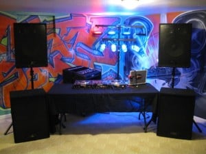 Lights, Speakers, Subs, Turtables, Laptop and SKB Rack with Denon Mixer